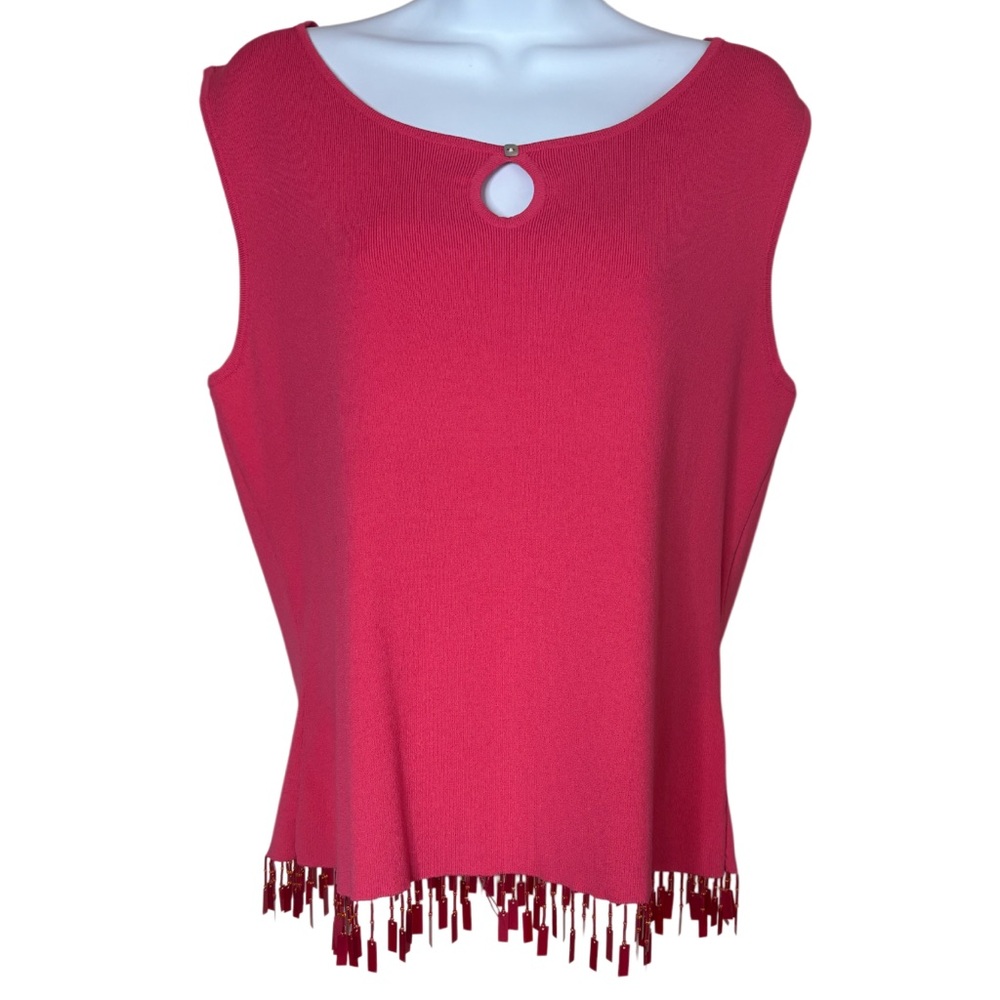 Vintage Beaded Fringe Top Sleeveless Knit Shell Bright Pink Coral Size X Large
